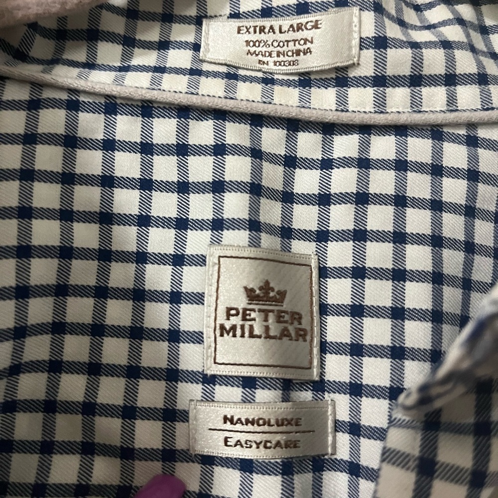 Peter Millar Nanoluxe 100% Cotton Blue and White plaid Dress Shirt Size XL - Picture 4 of 8